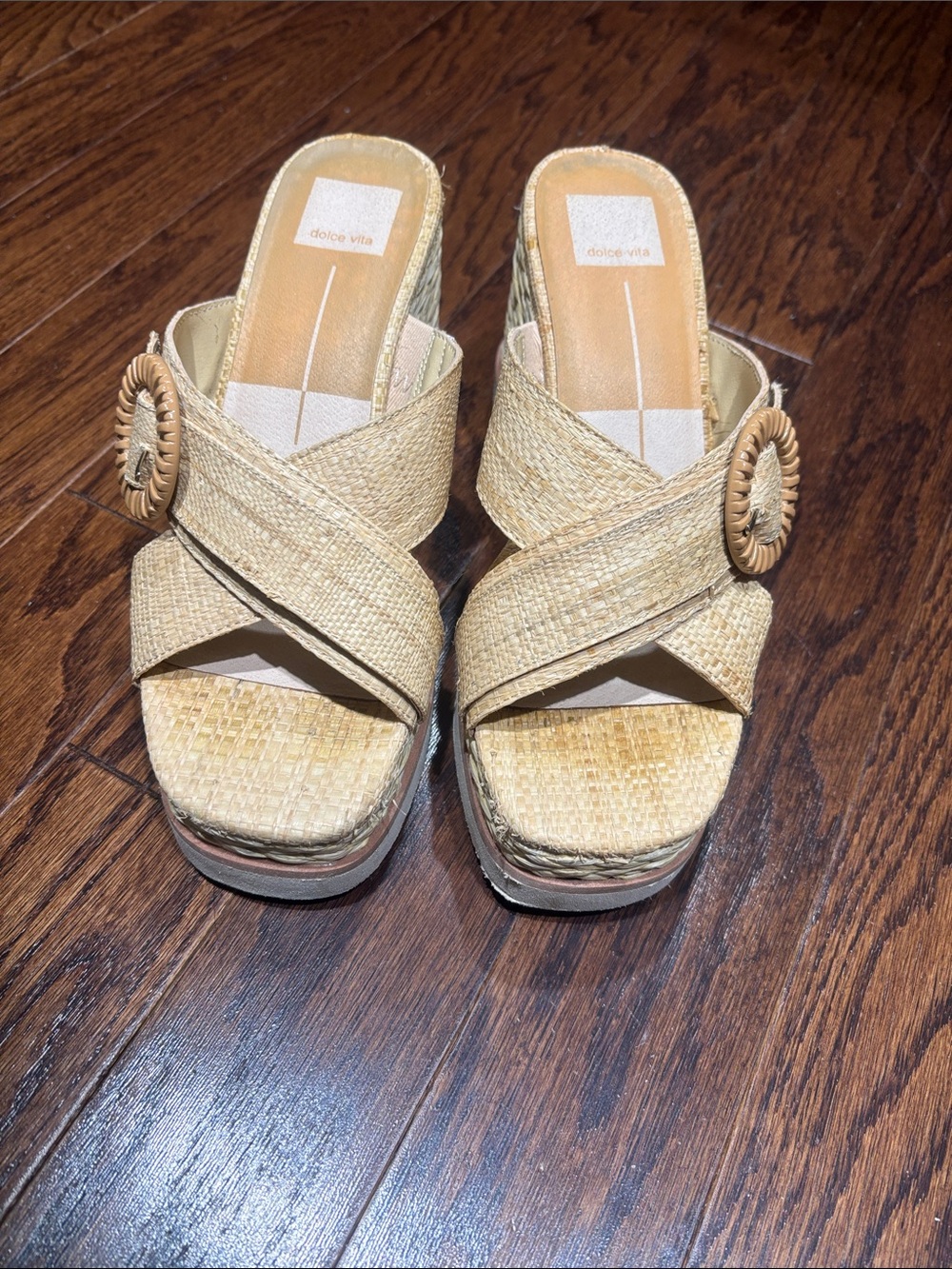 Dolce Vita Natural Woven Platform Slide Sandals with Decorative Buckle